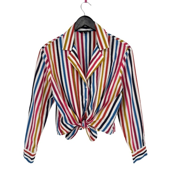 Tara Jarmon Long Sleeve Button Down Tie Waist Shirt 42 Colorful Rainbow Stripe - Picture 1 of 8